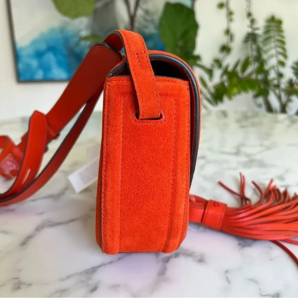 NWT Tory Burch Tassel Mini Saddle Bag Pure Orange Suede Leather Crossbody